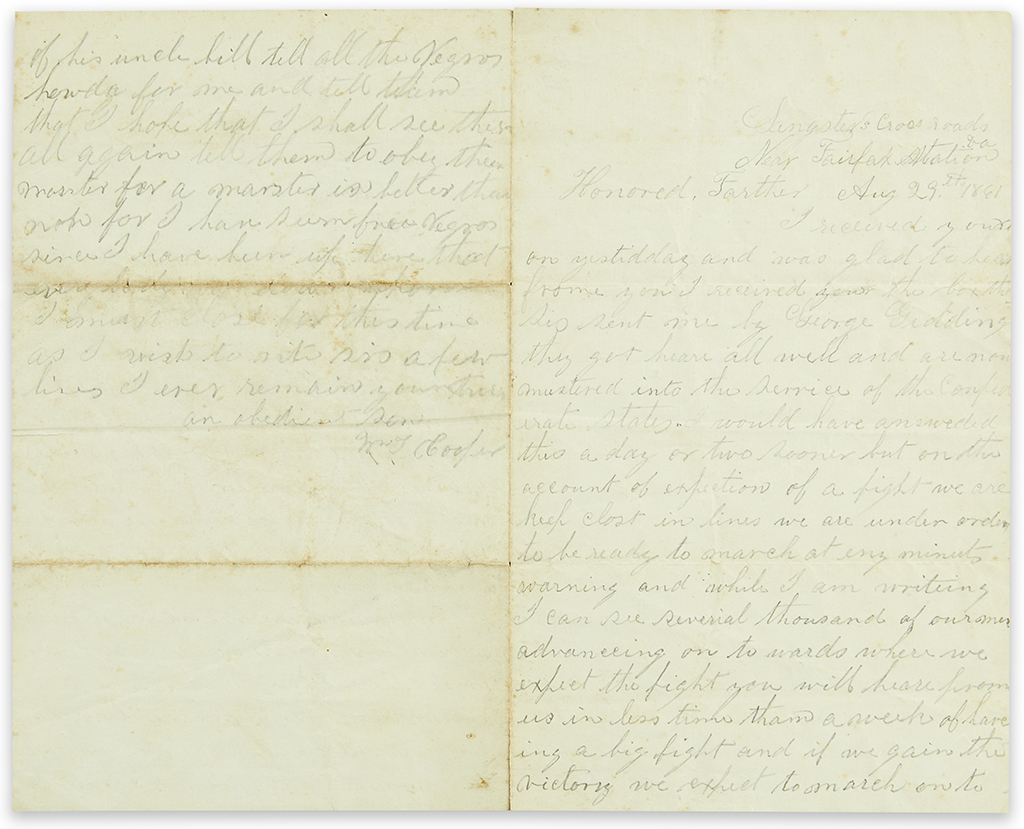 (CIVIL WAR--CONFEDERATE.) Cooper, William T. 5 letters from a soldier in the 12th Alabama Infantry, with related papers.